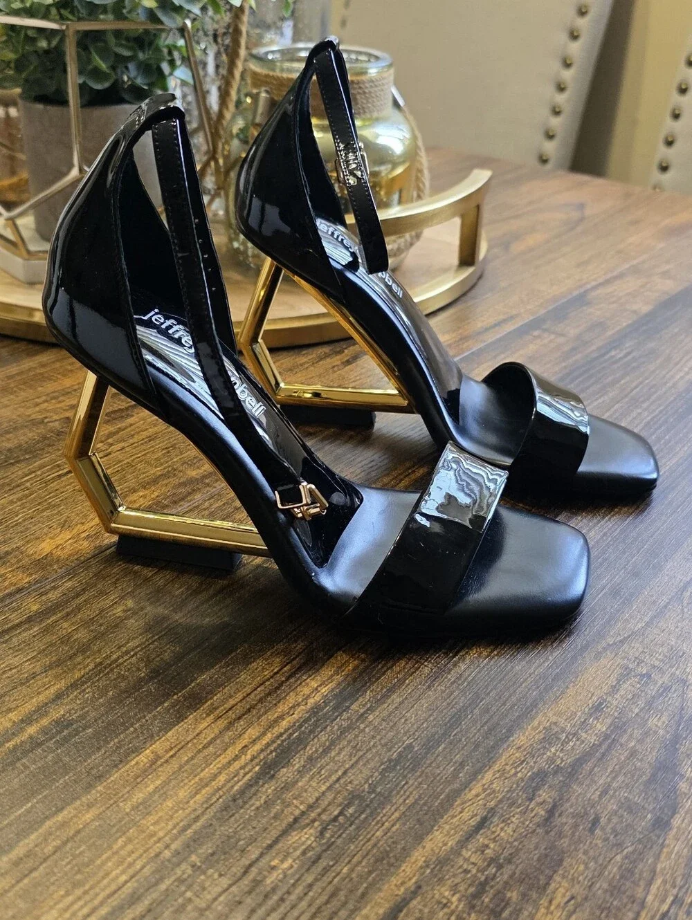 Jeffrey Campbell Black Patent Gold Geometric Heel Sandals